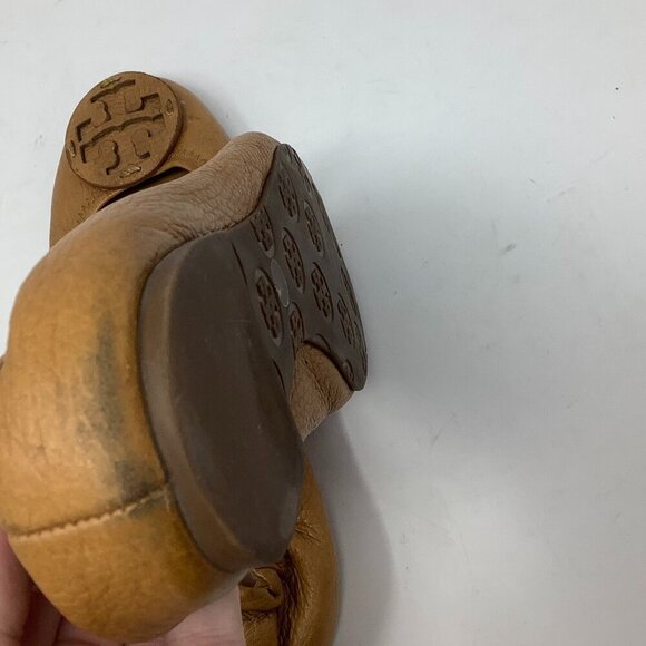 Tory Burch ballet flats elastic ankle brown tan logo 9 *size worn off* pre-worn - Picture 5 of 6